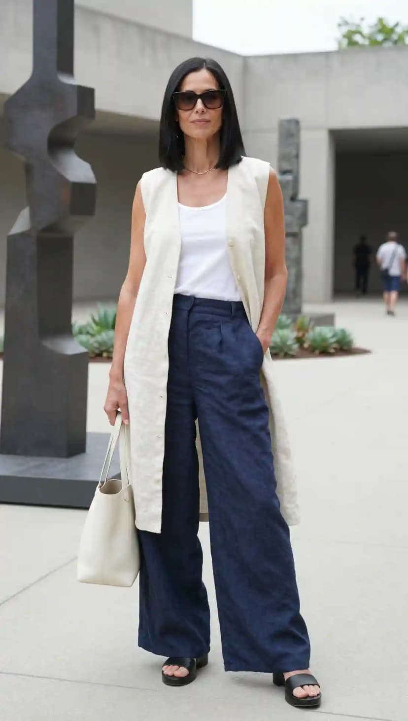 Cream Linen Vest + White Cotton Tank Top + Navy Linen Wide-Leg Trousers