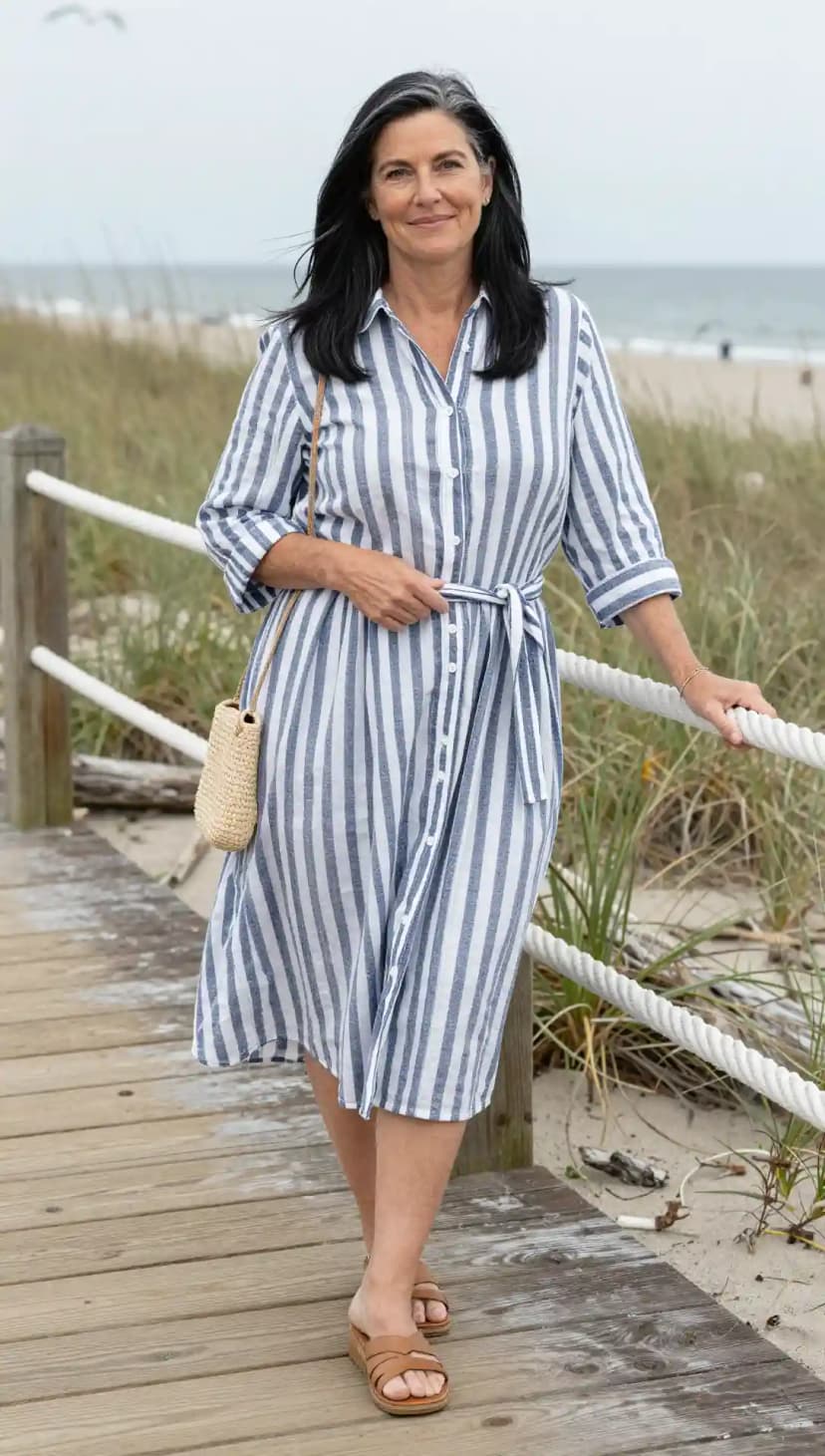 Blue and White Stripe Linen Shirt Dress + Tan Leather Platform Sandals + Straw Crossbody Bag