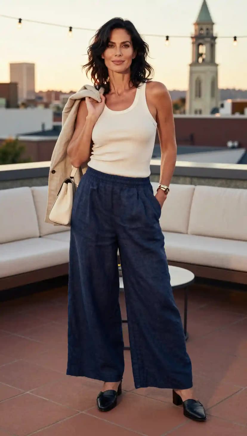 White Ribbed Tank Top + Blue Linen Wide-Leg Pants + Beige Linen Blazer