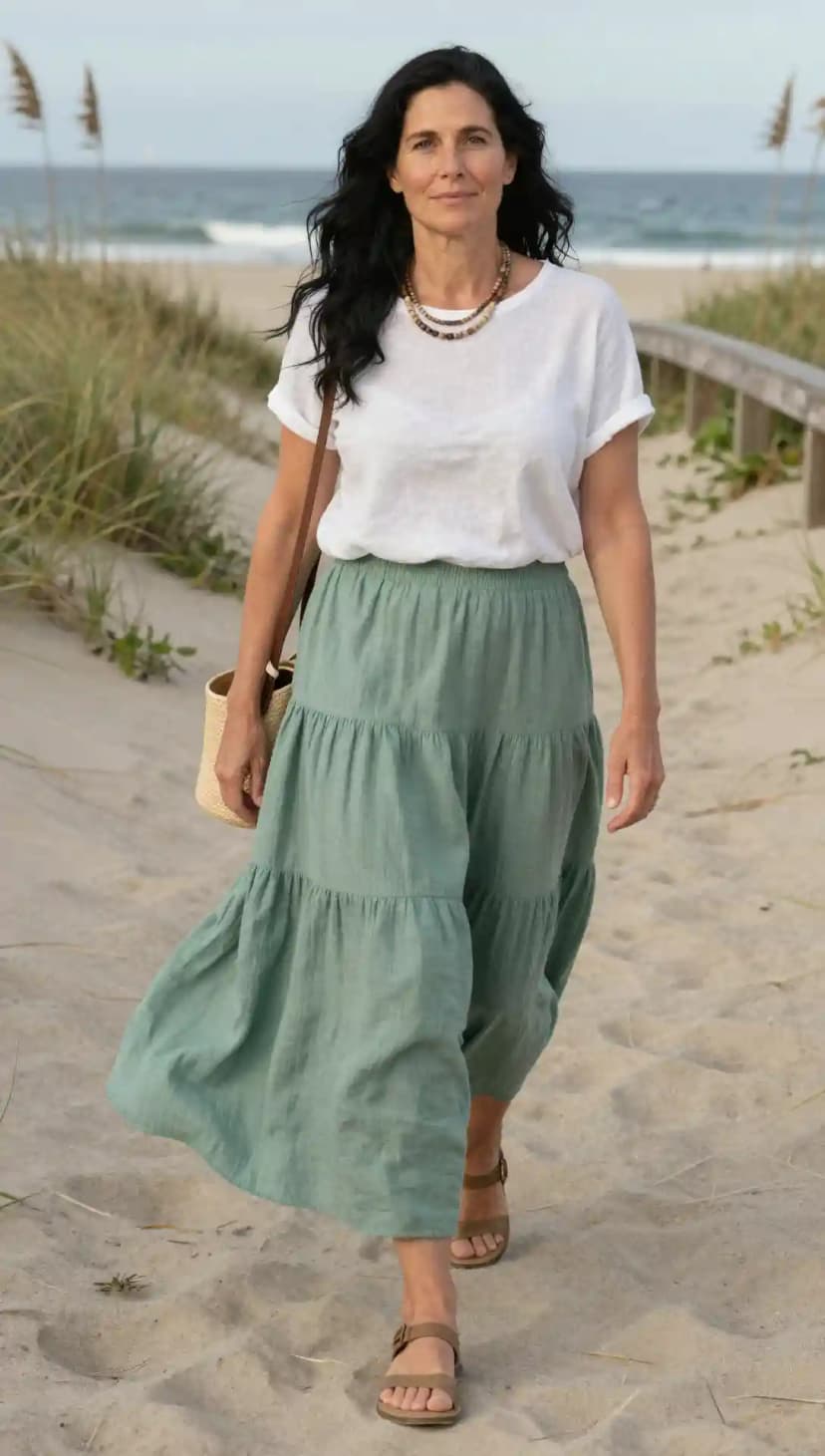 White Linen T-Shirt + Sage Green Gauze Tiered Maxi Skirt + Tan Leather Sandals