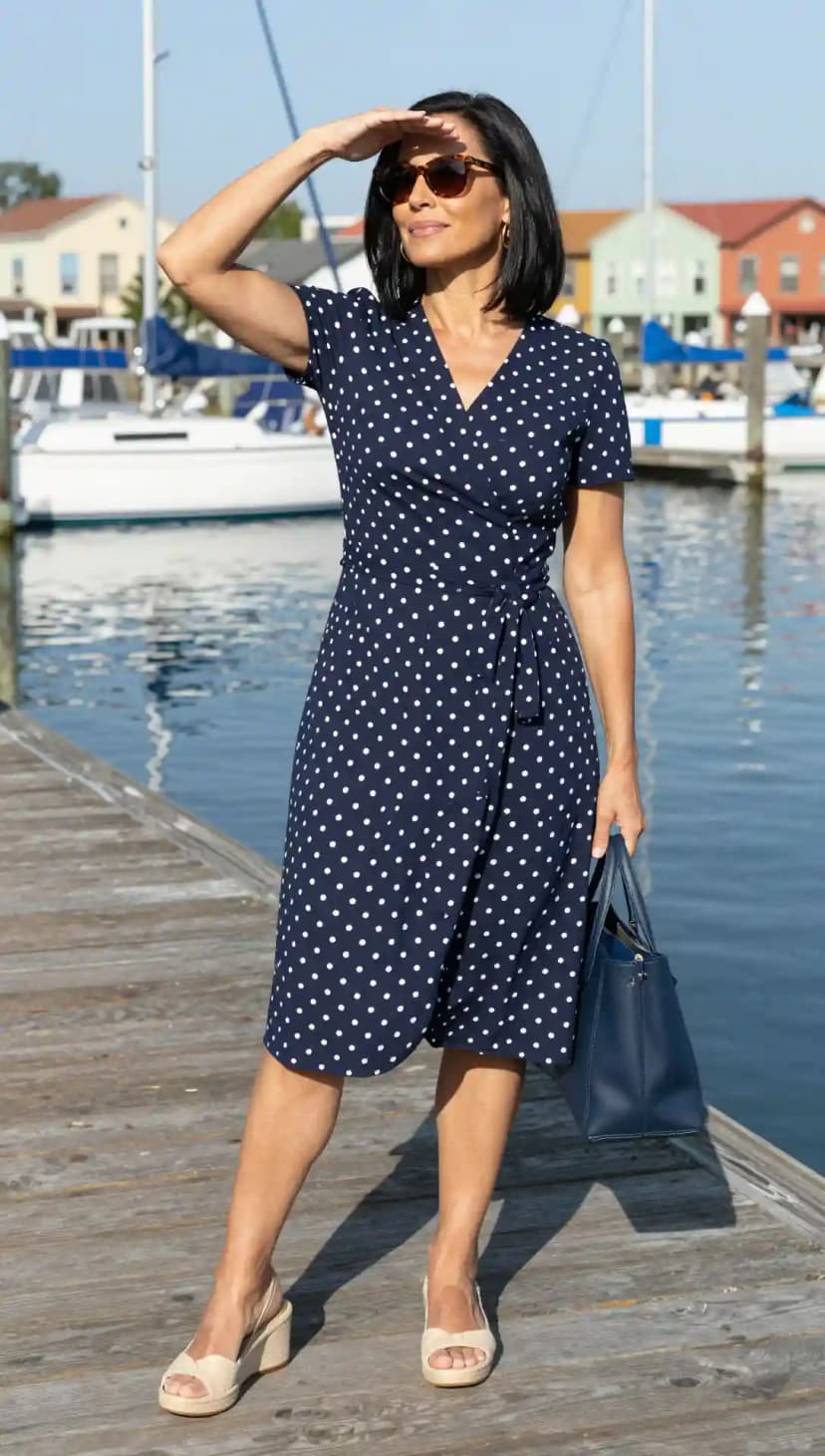Navy Polka Dot Jersey Wrap Dress