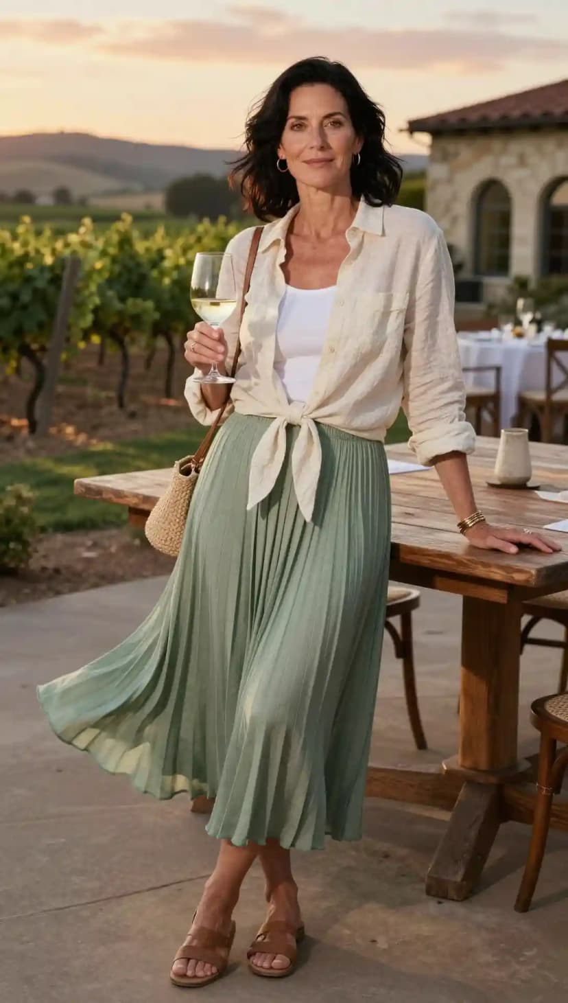 White Linen Shirt + White Tank Top + Sage Pleated Maxi Skirt + Brown Leather Sandals