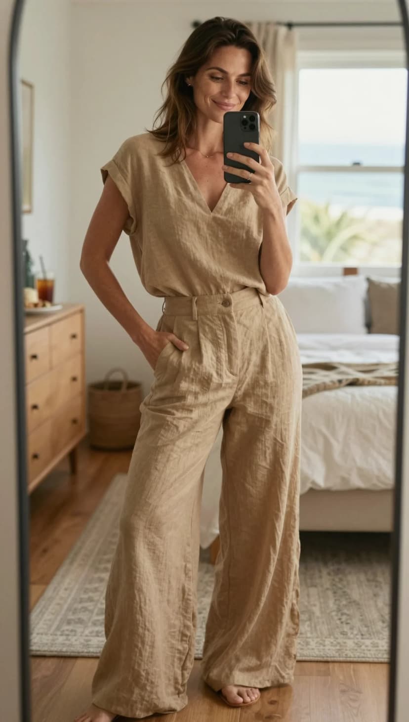 Beige Linen V-Neck Top + Beige Linen Wide-Leg Trousers