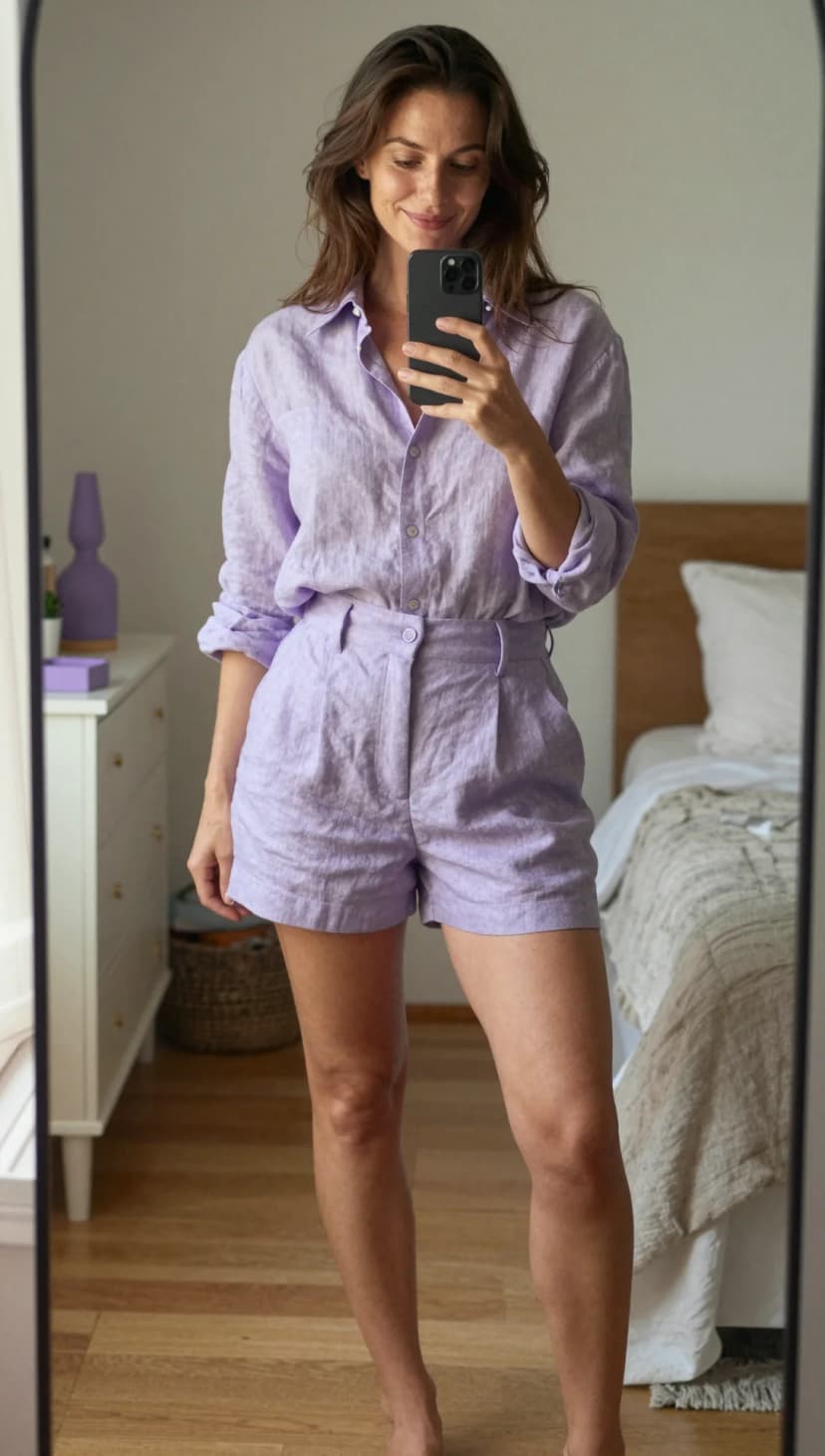 Lilac Linen Button-Down Shirt + Lilac Linen Pleated Shorts
