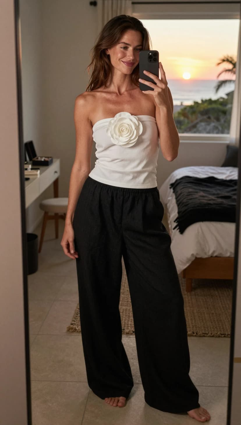 White Rose Embellished Tube Top + Black Linen Wide-Leg Pants