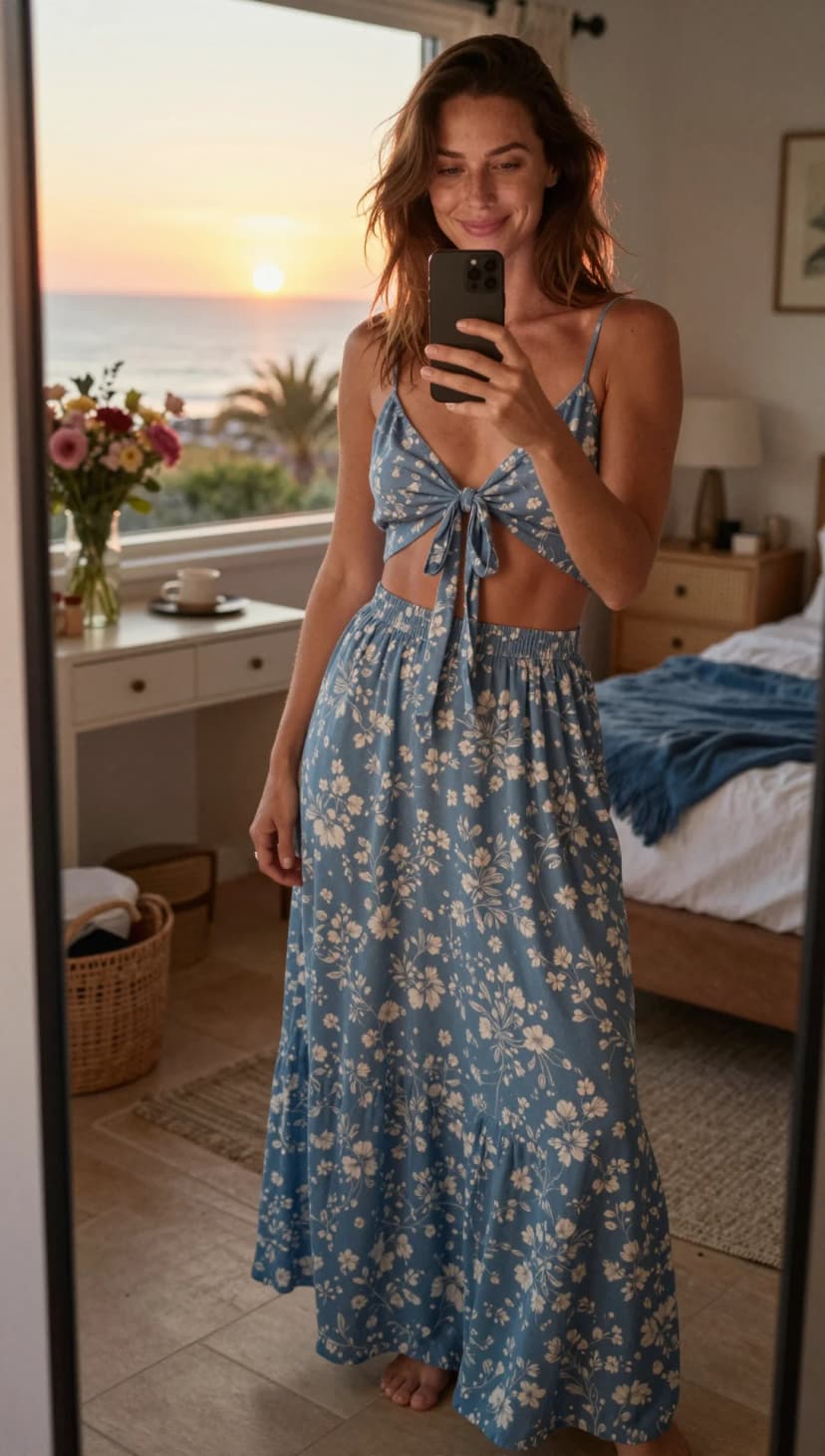 Blue Floral Print Cotton Crop Top + Blue Floral Print Cotton Maxi Skirt