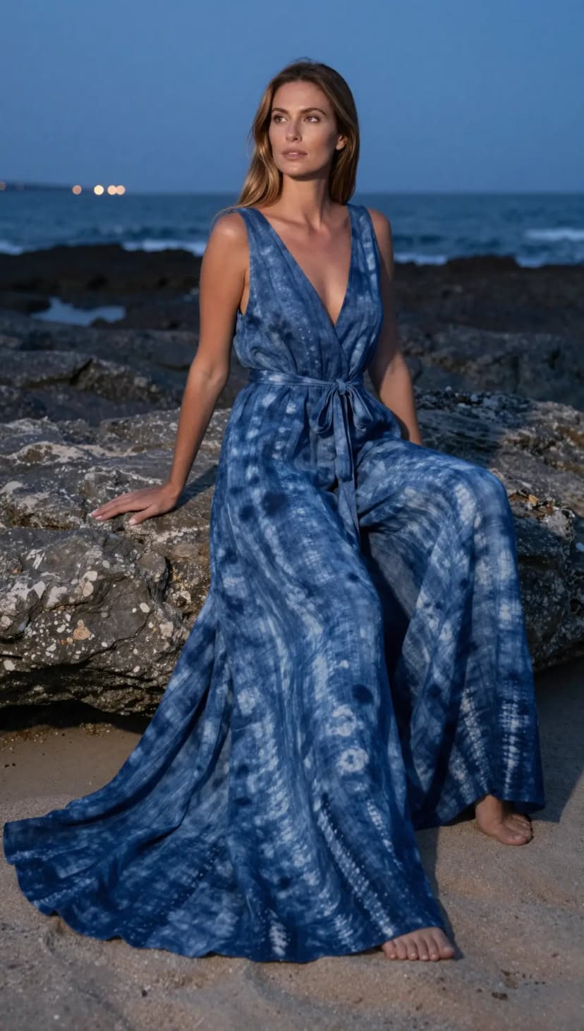 Blue Tie-Dye Linen Jumpsuit