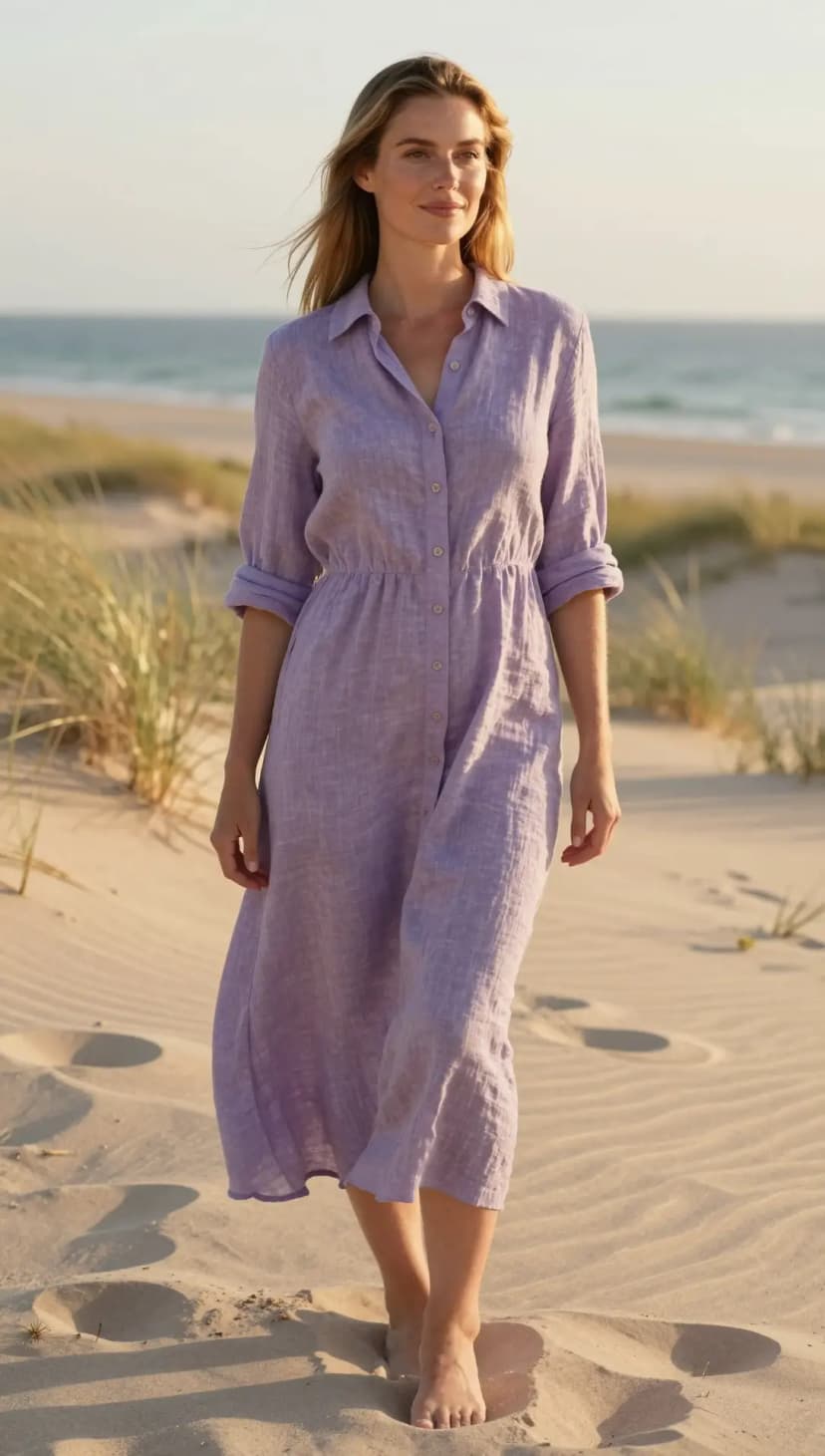 Lavender Linen Button-Up Midi Dress