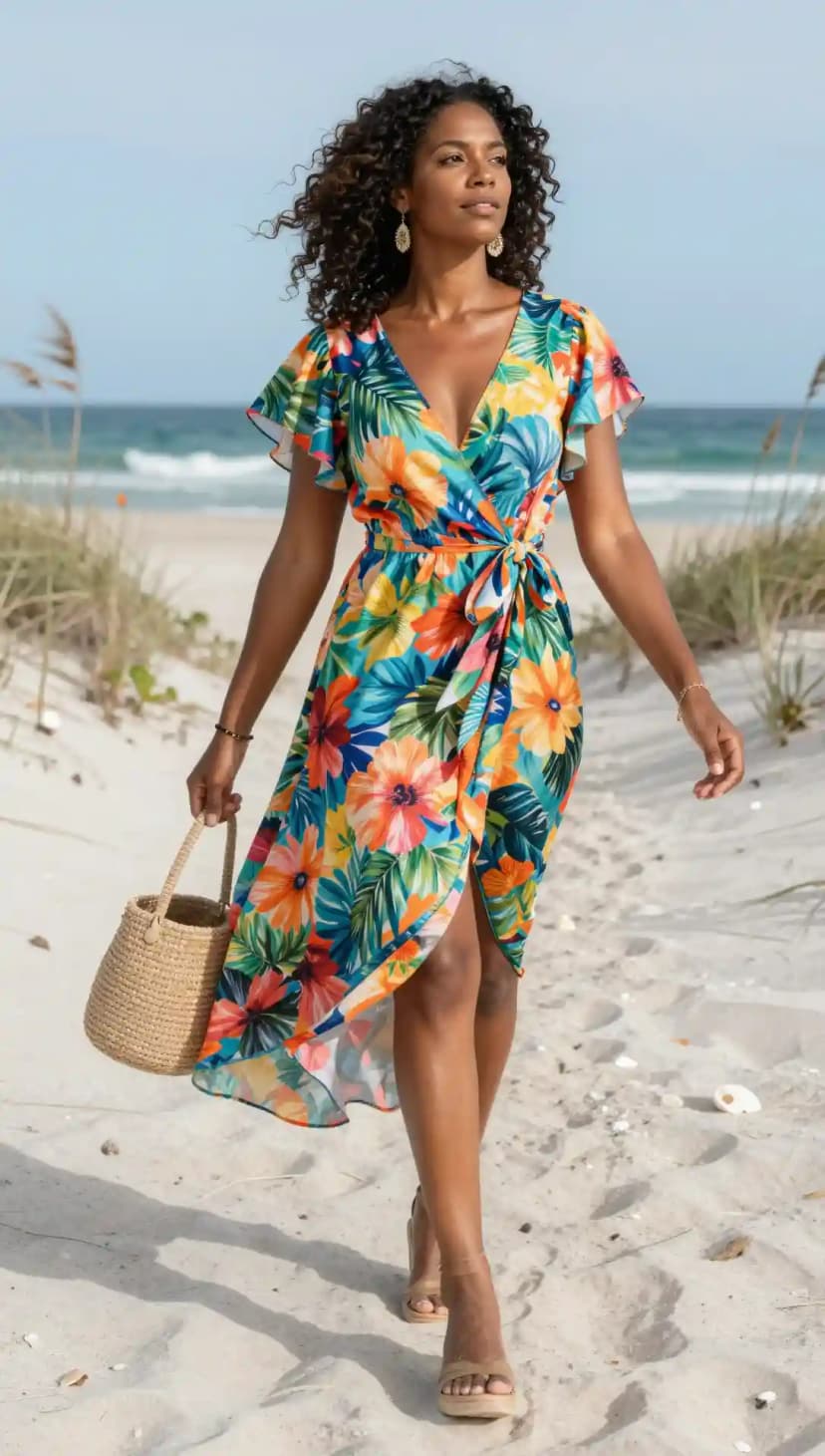 Vibrant blue tropical floral print wrap midi dress with flutter sleeves walking on the sand