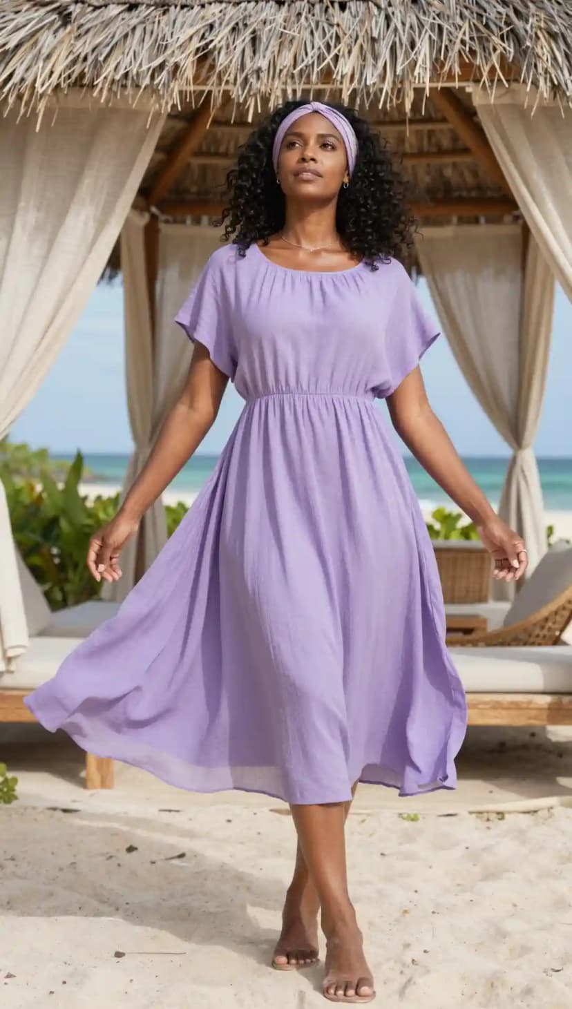 Ethereal lavender gauze midi dress with a matching headband worn barefoot on the sandy beach
