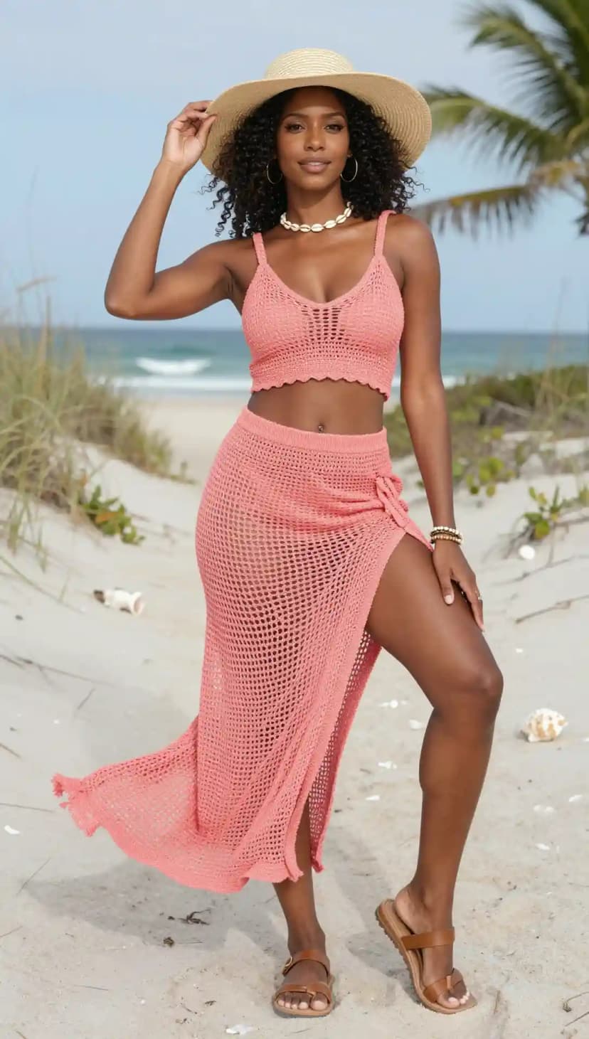 Vibrant coral/pink crochet crop top and high-slit maxi skirt set worn with a straw hat on the beach
