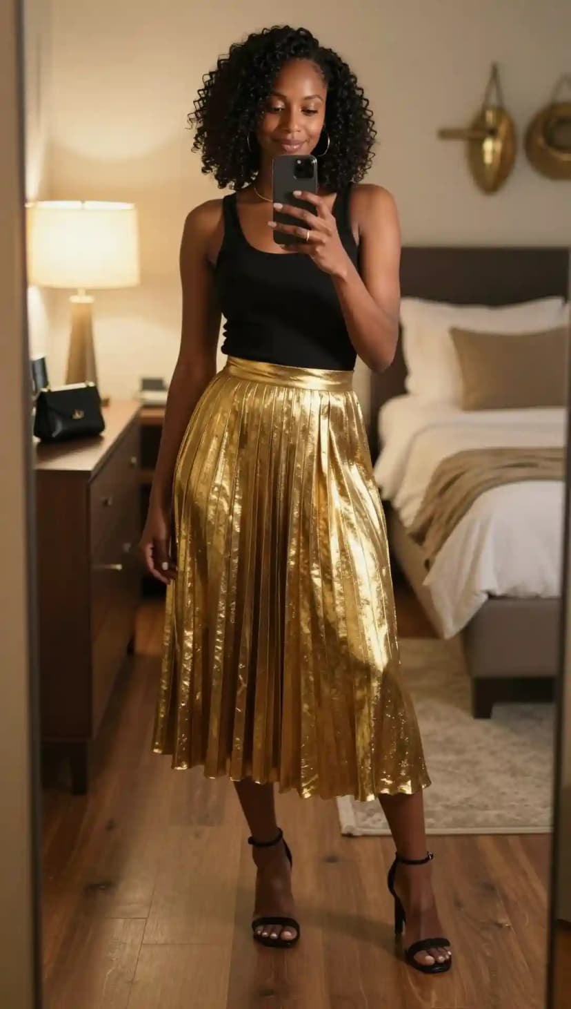 Woman taking a mirror selfie wearing a black ribbed tank top tucked into a metallic gold pleated midi skirt