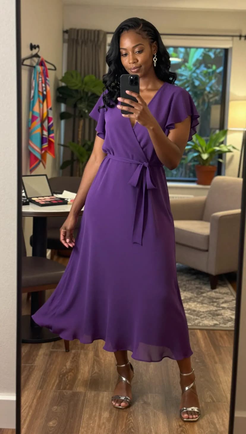 Purple Chiffon Wrap Dress + Silver Strappy Heels