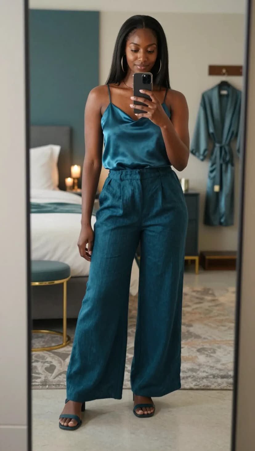 Teal Satin Camisole + Teal Linen Wide-Leg Trousers + Teal Block Heel Sandals
