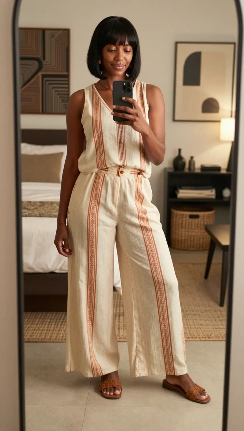 Cream Striped Linen Tank + Cream Striped Linen Wide-Leg Pants + Brown Woven Slides