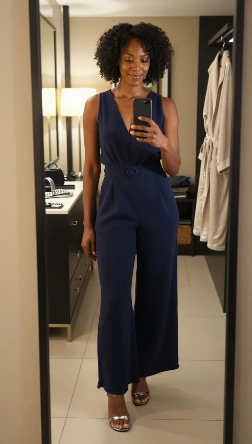 Navy Crepe V-Neck Jumpsuit + Silver Metallic Strappy Heels