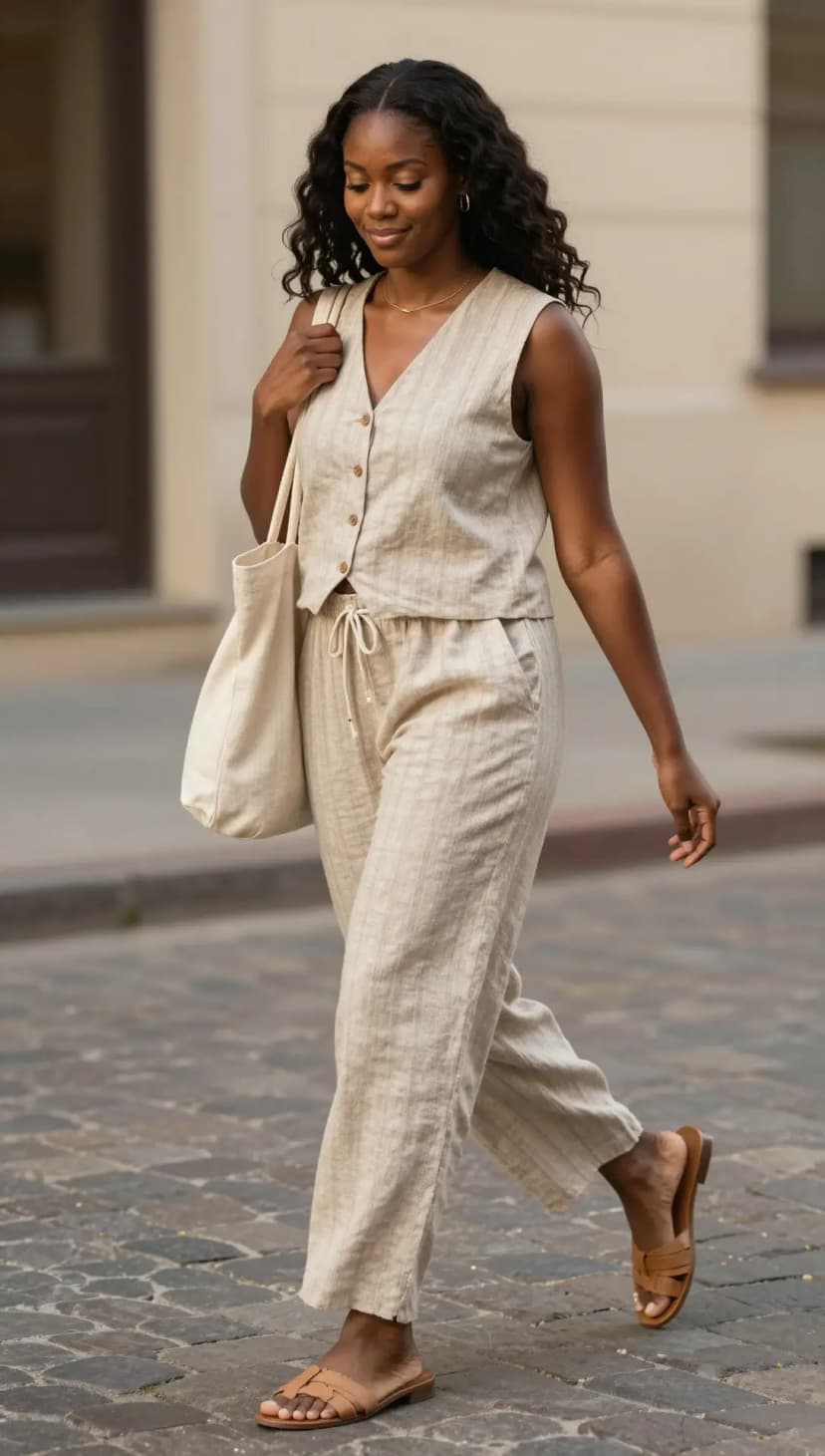 Natural Linen Vest + Natural Linen Trousers + Tan Leather Slides