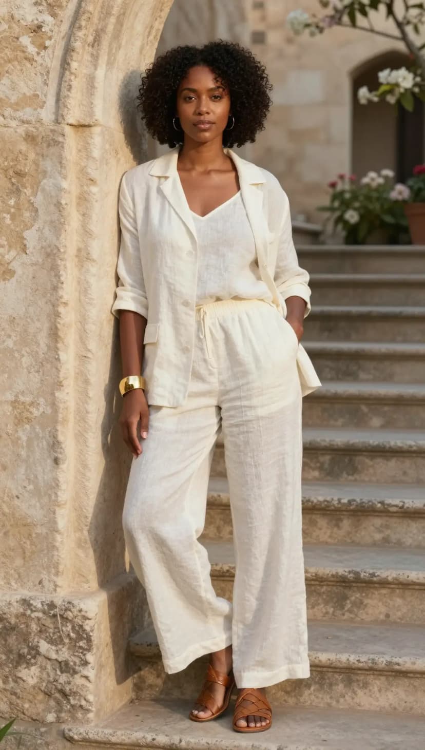 Cream Linen Blazer + Cream Linen Wide-Leg Pants + Cream Linen V-Neck Tank + Tan Woven Sandals