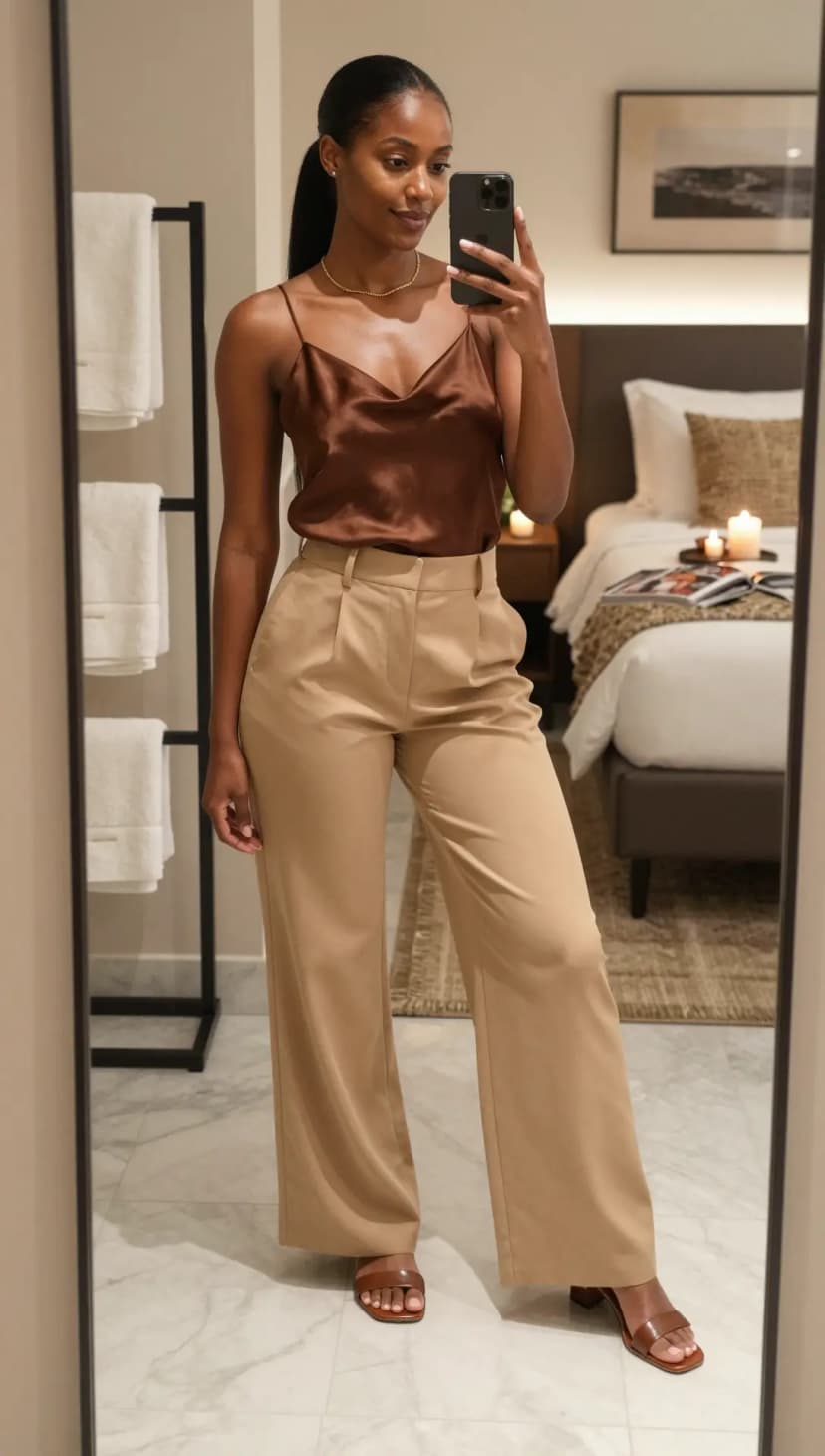Brown Satin Cami + Tan Wide-Leg Trousers + Brown Heeled Sandals