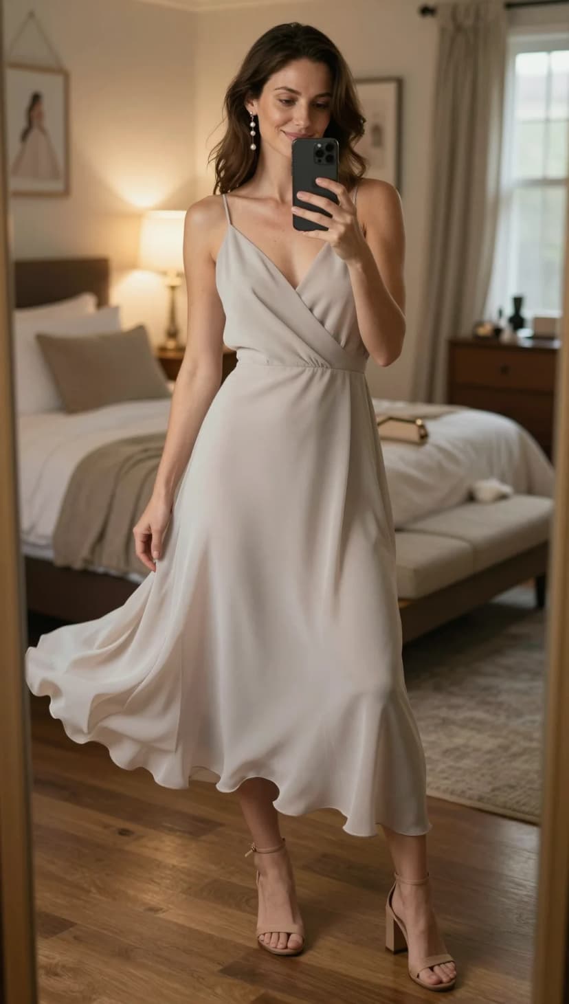 Champagne Chiffon Midi Dress + Nude Block Heel Sandals + Pearl Drop Earrings