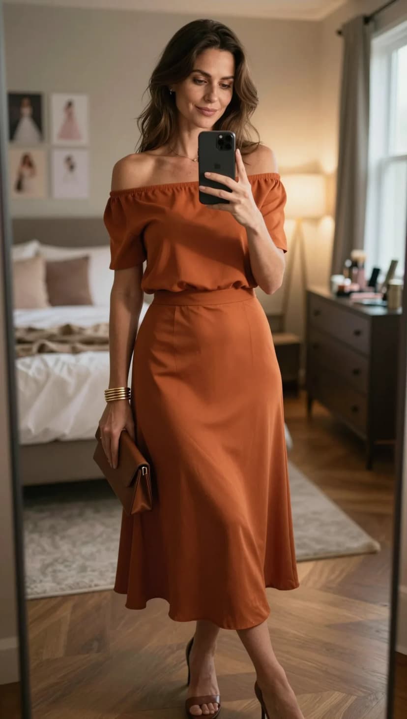 Rust Off-The-Shoulder Top + Rust Midi Skirt + Brown Strappy Heels