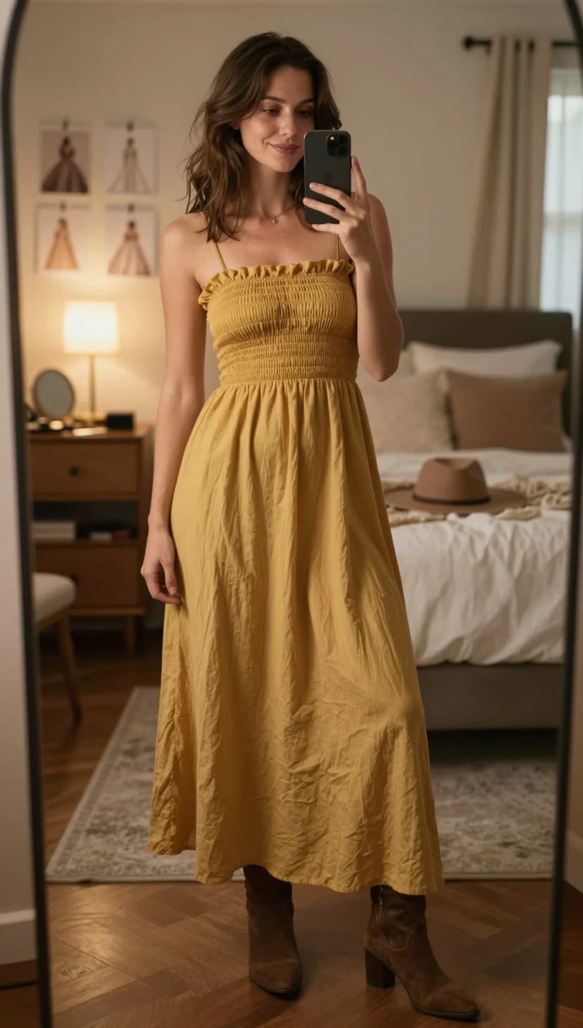 Mustard Smocked Midi Dress + Brown Suede Ankle Boots