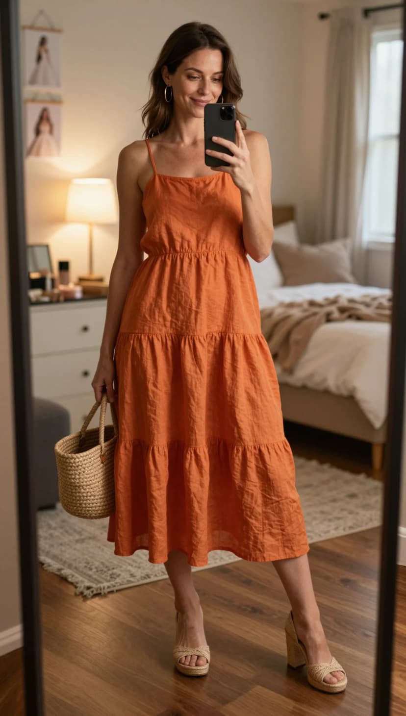 Orange Linen Tiered Midi Dress + Natural Woven Wedge Sandals + Tan Woven Tote Bag