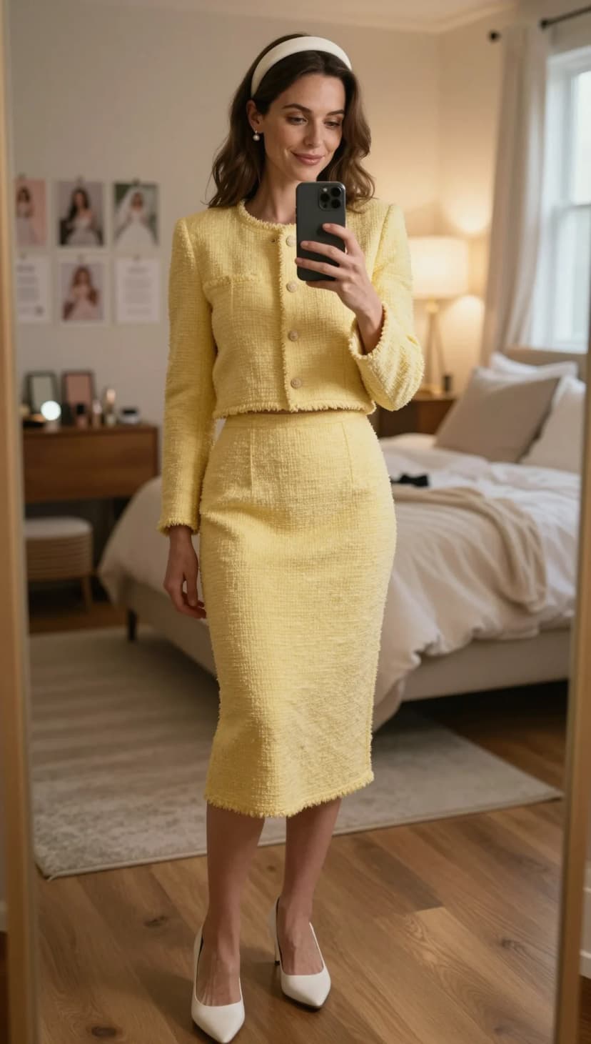 Yellow Tweed Cropped Jacket + Yellow Tweed Pencil Skirt + White Pointed Heels