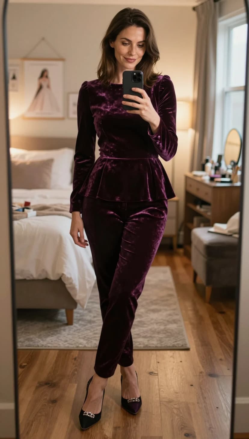 Purple Velvet Peplum Top + Purple Velvet Trousers + Black Embellished Heels
