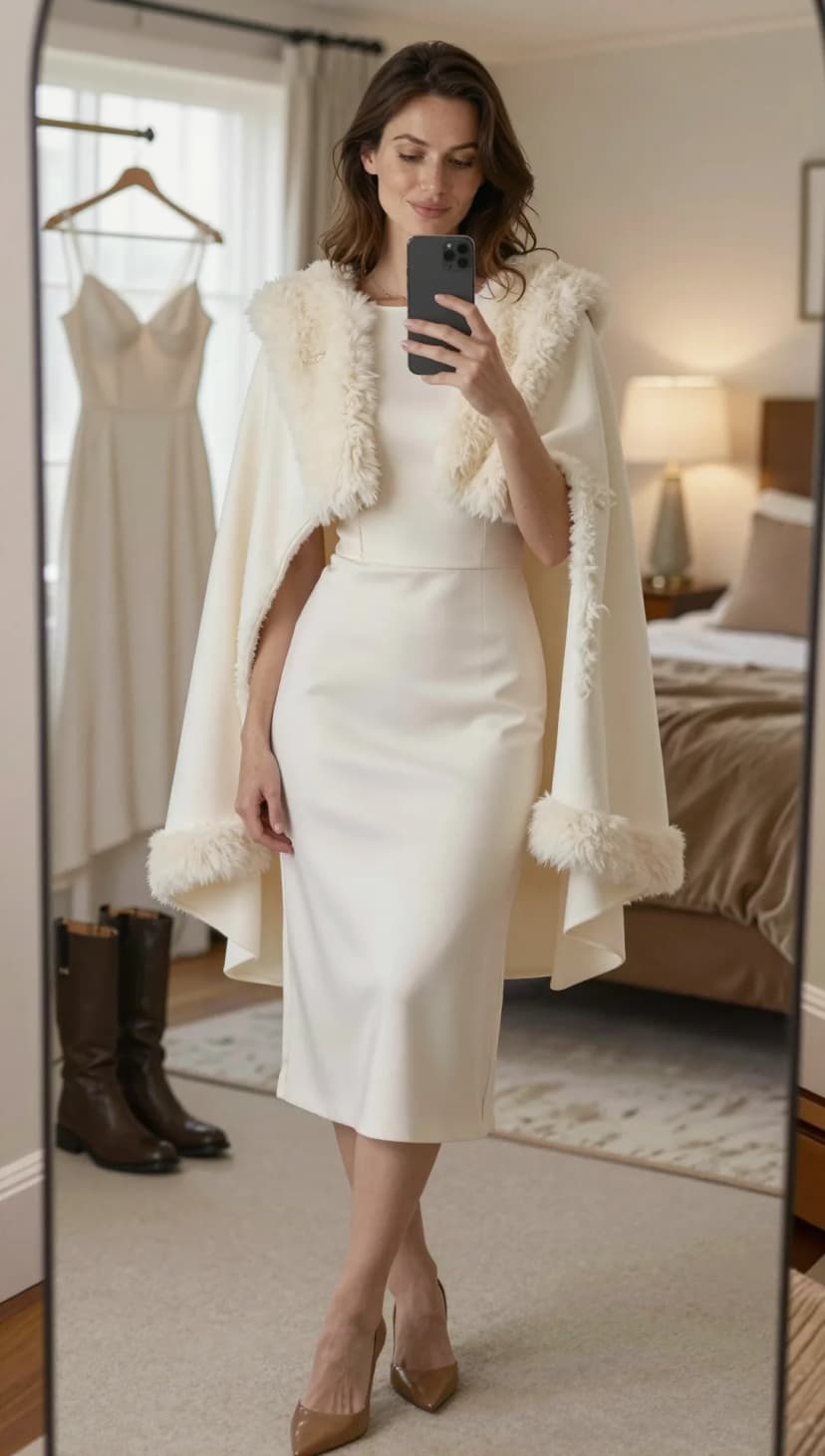 Cream Faux Fur Trimmed Cape + Cream Fitted Midi Dress + Tan Pointed Toe Heels