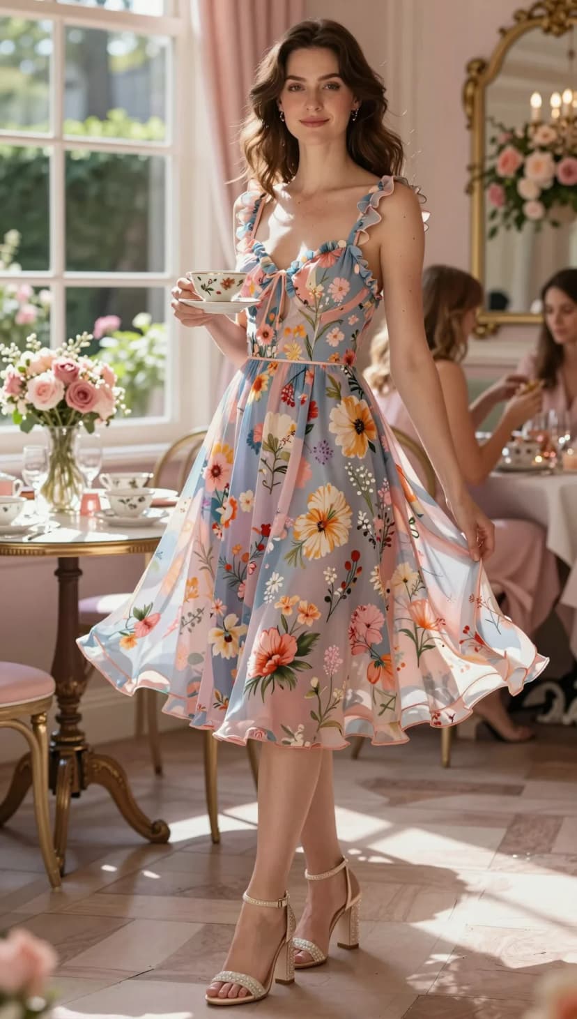 Blue Floral Chiffon Midi Dress + Champagne Embellished Heels