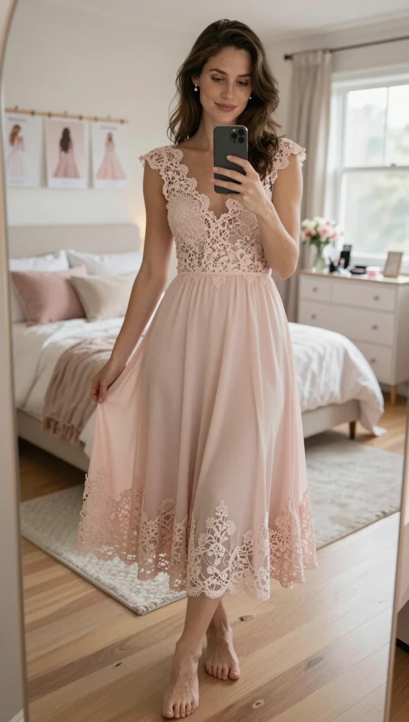 Pale Pink Lace Midi Dress