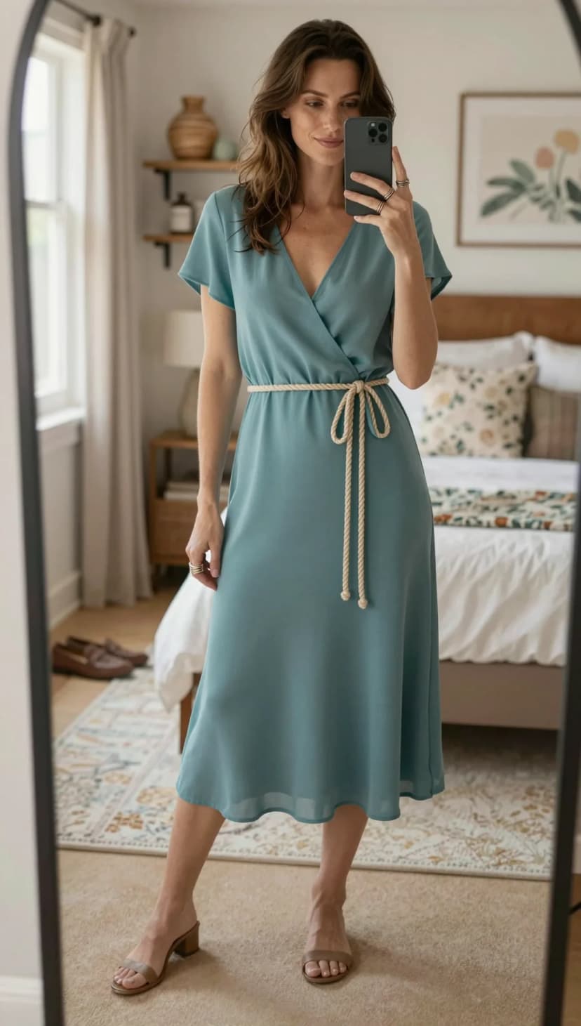 Teal Chiffon Midi Dress + Natural Rope Belt + Tan Leather Block Heels