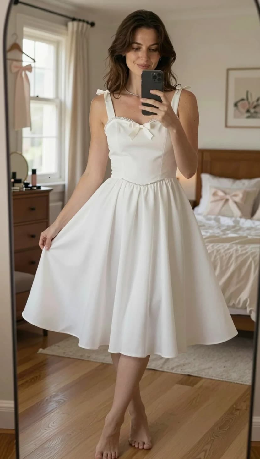 White Bow Detail Midi Dress + Silver Delicate Necklace