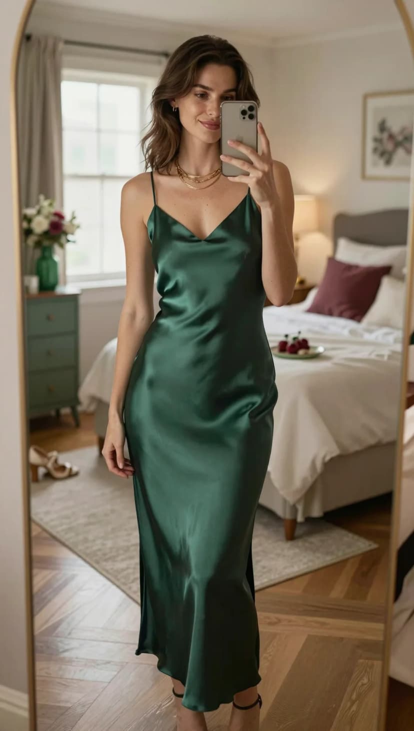 Forest Green Satin Slip Dress + Gold Layered Necklaces + Black Strappy Heels