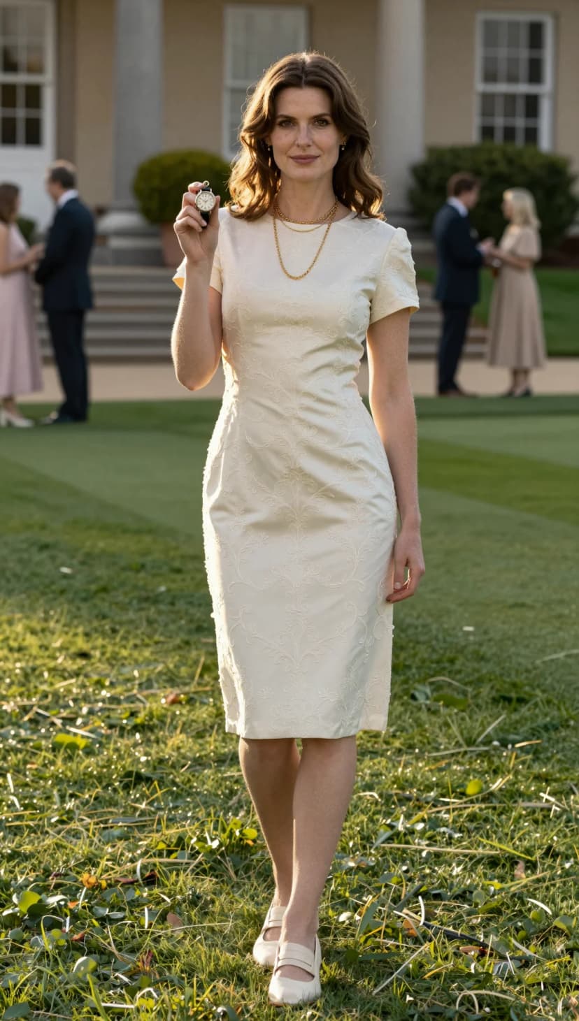 Cream Brocade Sheath Dress + Gold Chain Necklace + Cream Mary Jane Flats