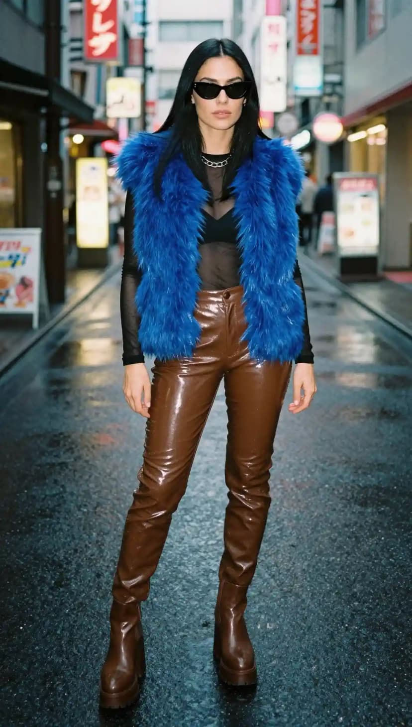 Brown Vinyl Trousers + Black Mesh Long Sleeve Top + Blue Faux Fur Vest