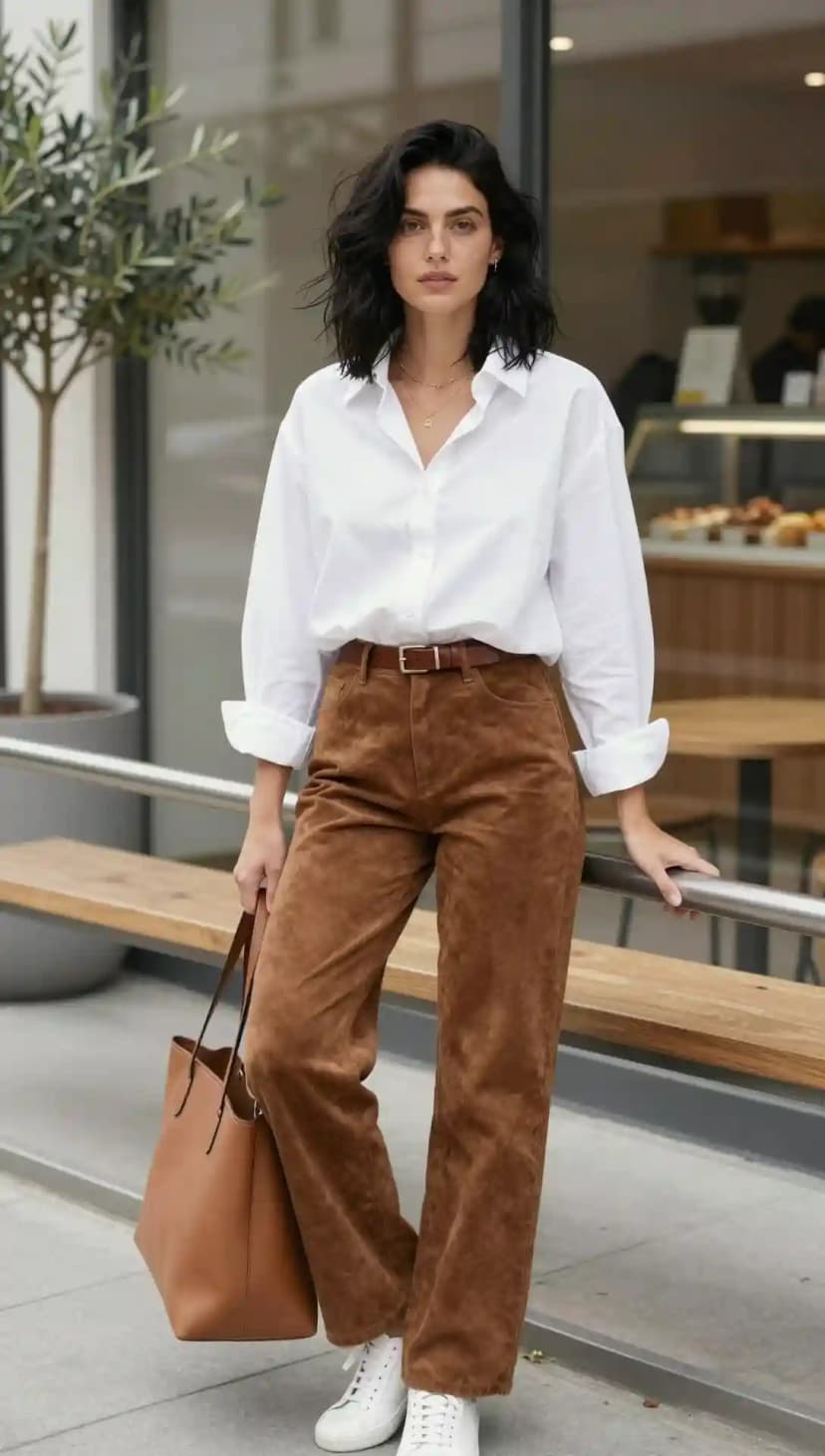 White Cotton Button-Up Shirt + Brown Suede Trousers