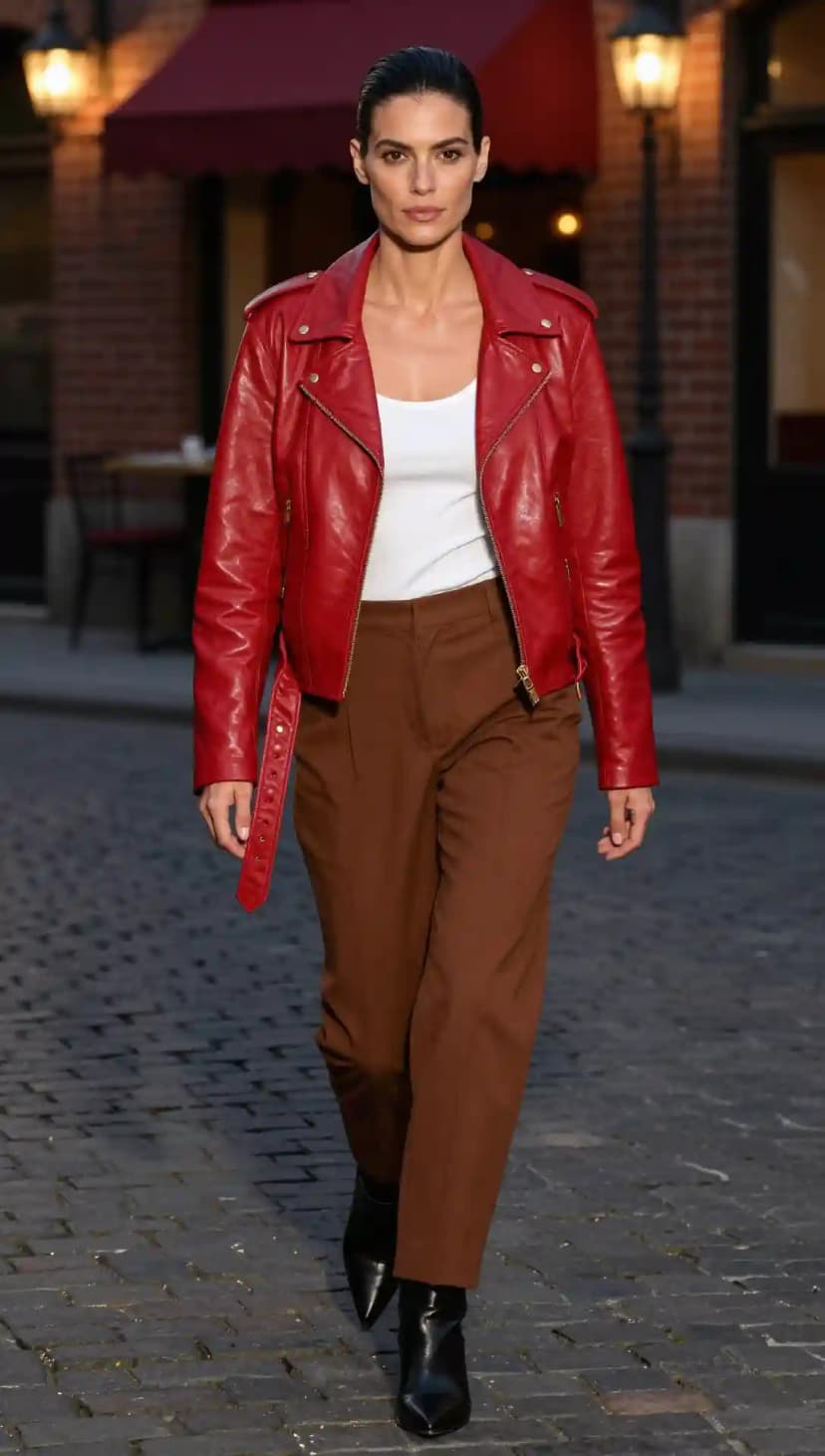 Red Leather Biker Jacket + White Ribbed Tank Top + Brown Wool Trousers + Black Leather Ankle Boots