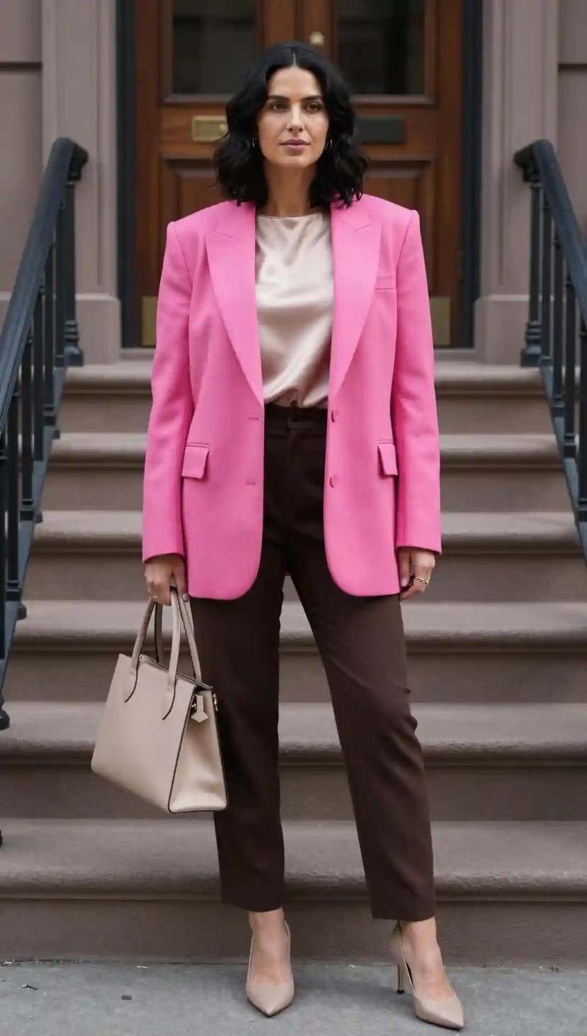 Hot Pink Blazer + Beige Satin Blouse + Brown Wool Trousers