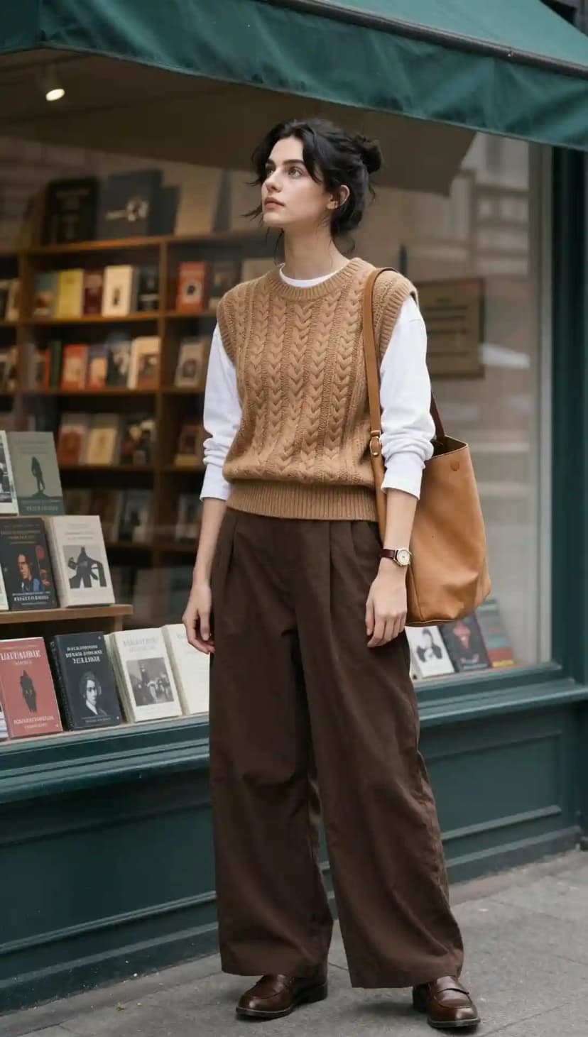 White Long Sleeve T-shirt + Brown Cable Knit Sweater Vest + Brown Wide-Leg Trousers