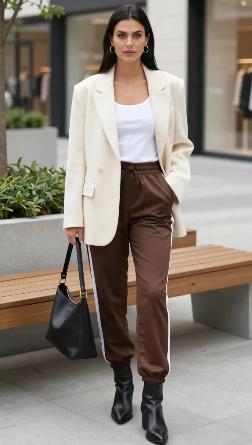 Cream Blazer + White Ribbed Tank Top + Brown Track Pants