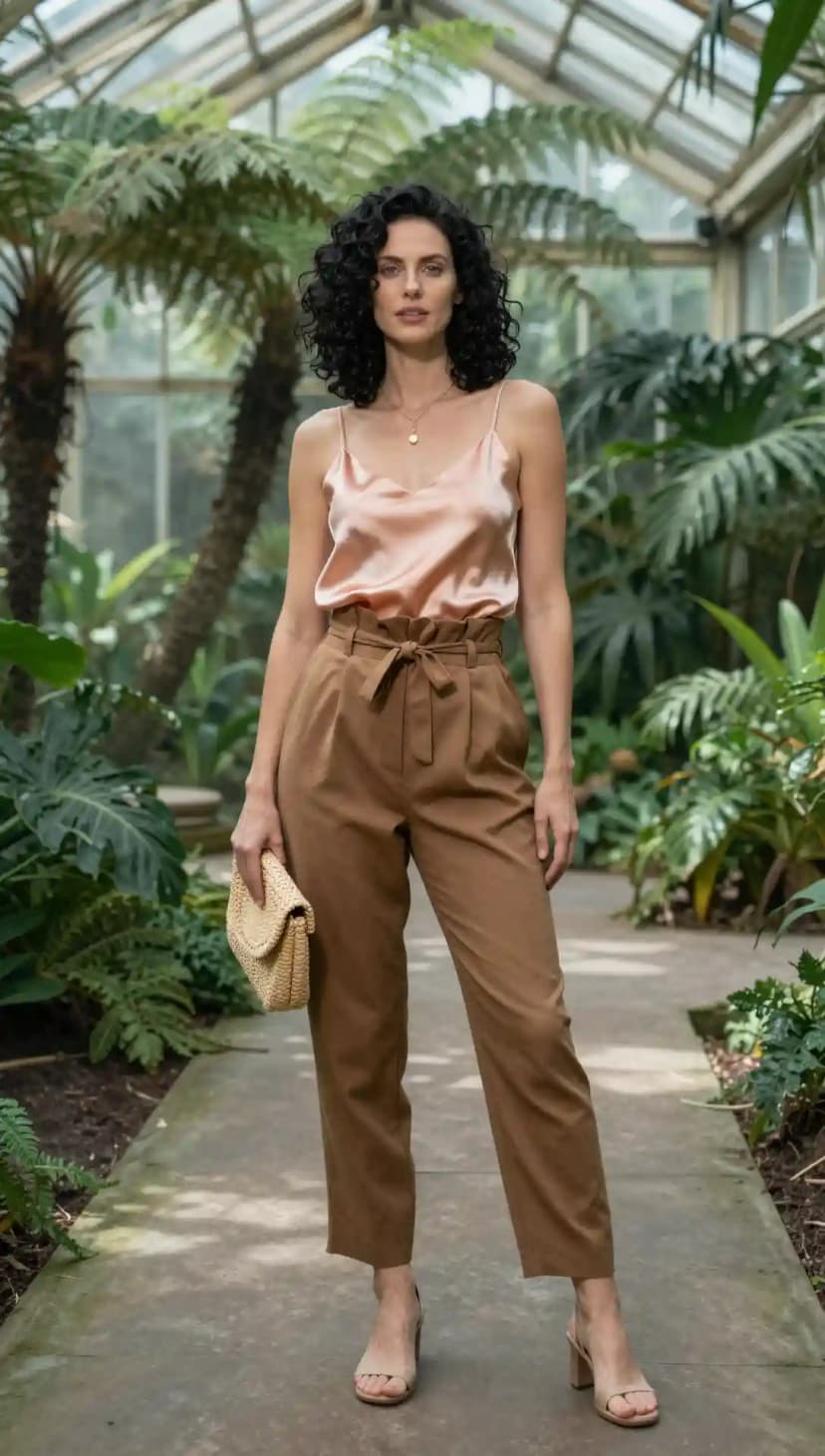 Peach Satin Camisole + Brown Paperbag Waist Trousers + Beige Strappy Heels