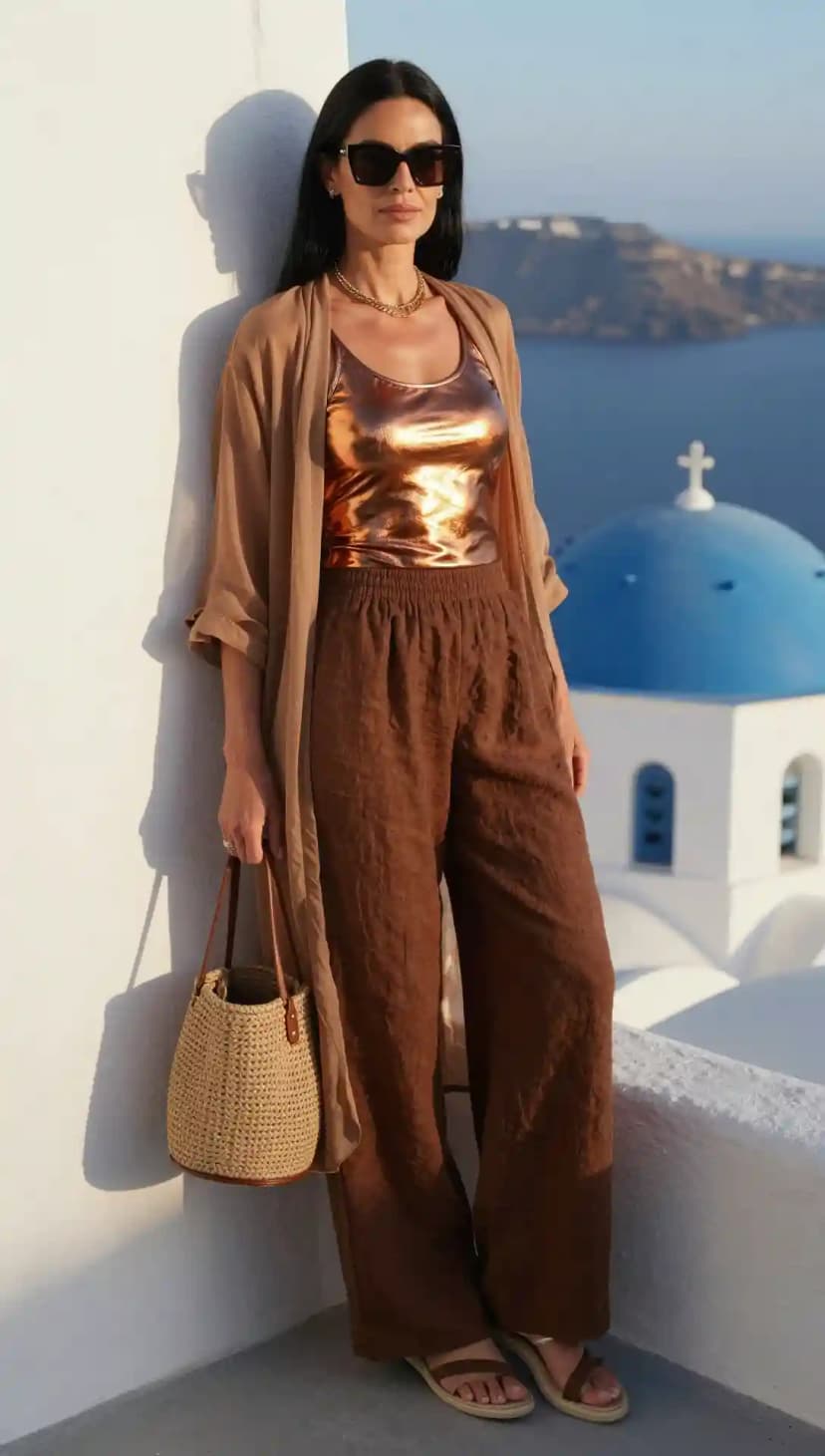 Bronze Metallic Tank Top + Brown Linen Trousers + Beige Chiffon Kimono
