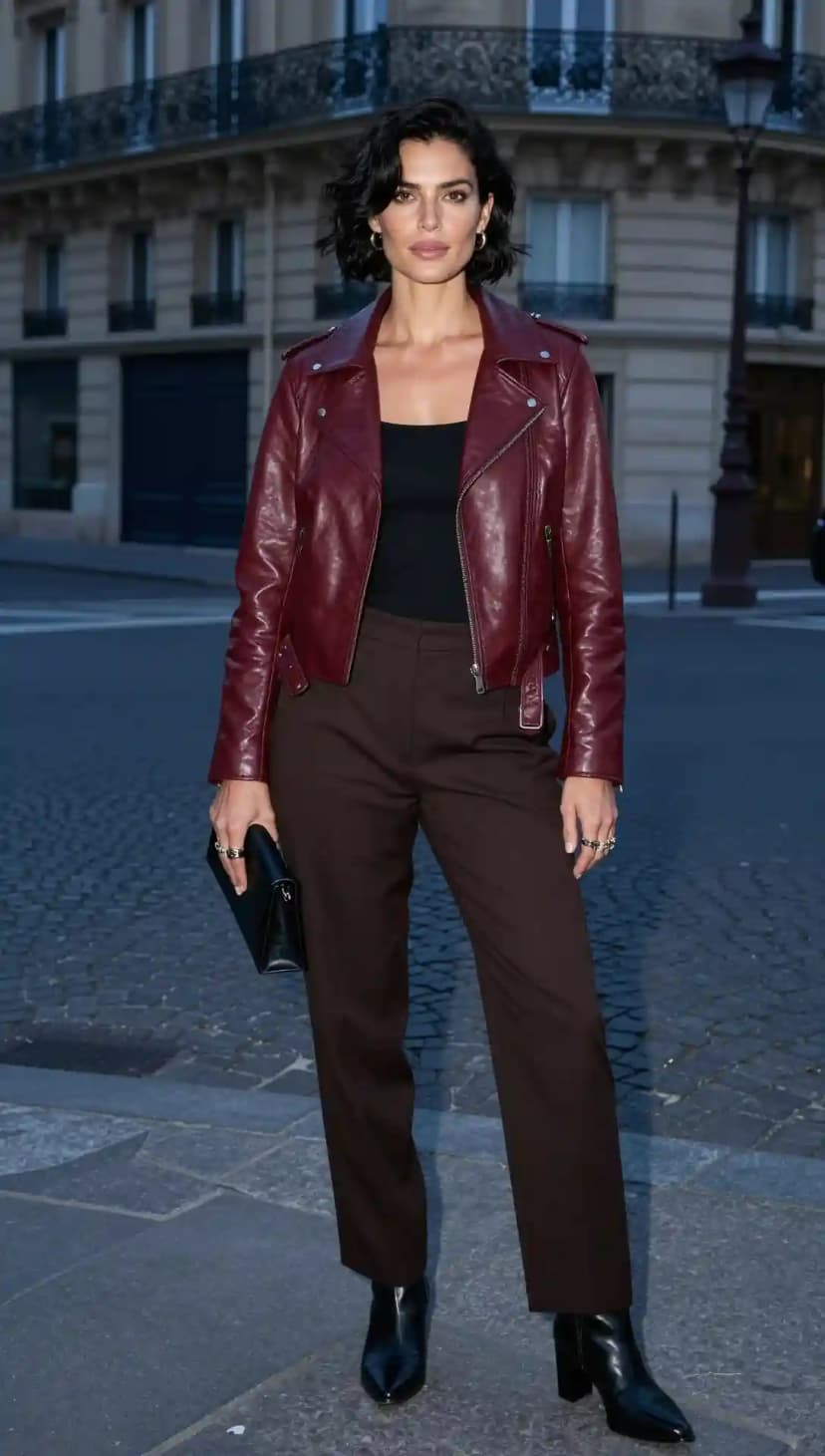 Burgundy Leather Biker Jacket + Black Knit Top + Brown Tailored Trousers
