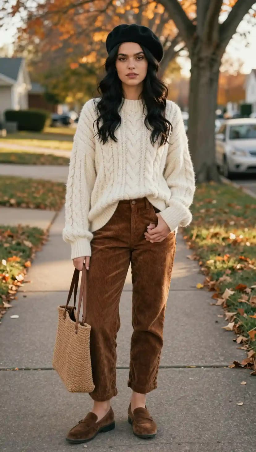 Cream Cable Knit Sweater + Brown Corduroy Pants + Black Beret