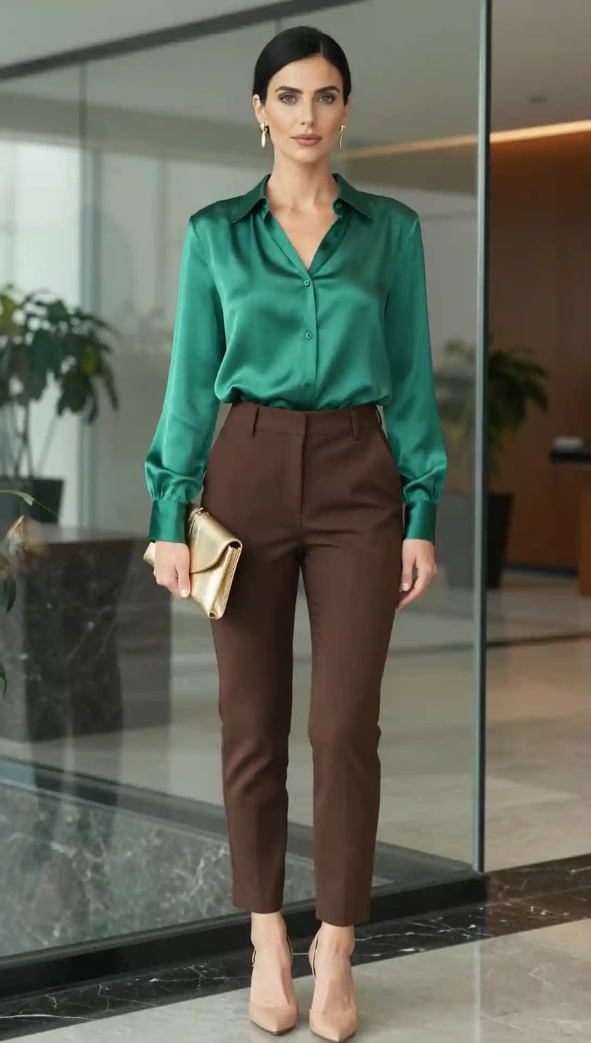 Green Satin Blouse + Brown Tailored Trousers