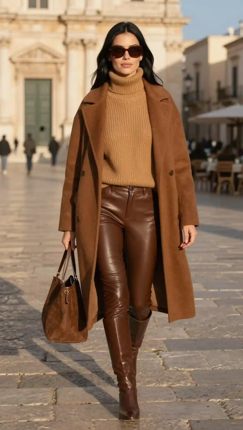 Camel Knit Turtleneck + Brown Faux Leather Pants + Brown Wool Coat
