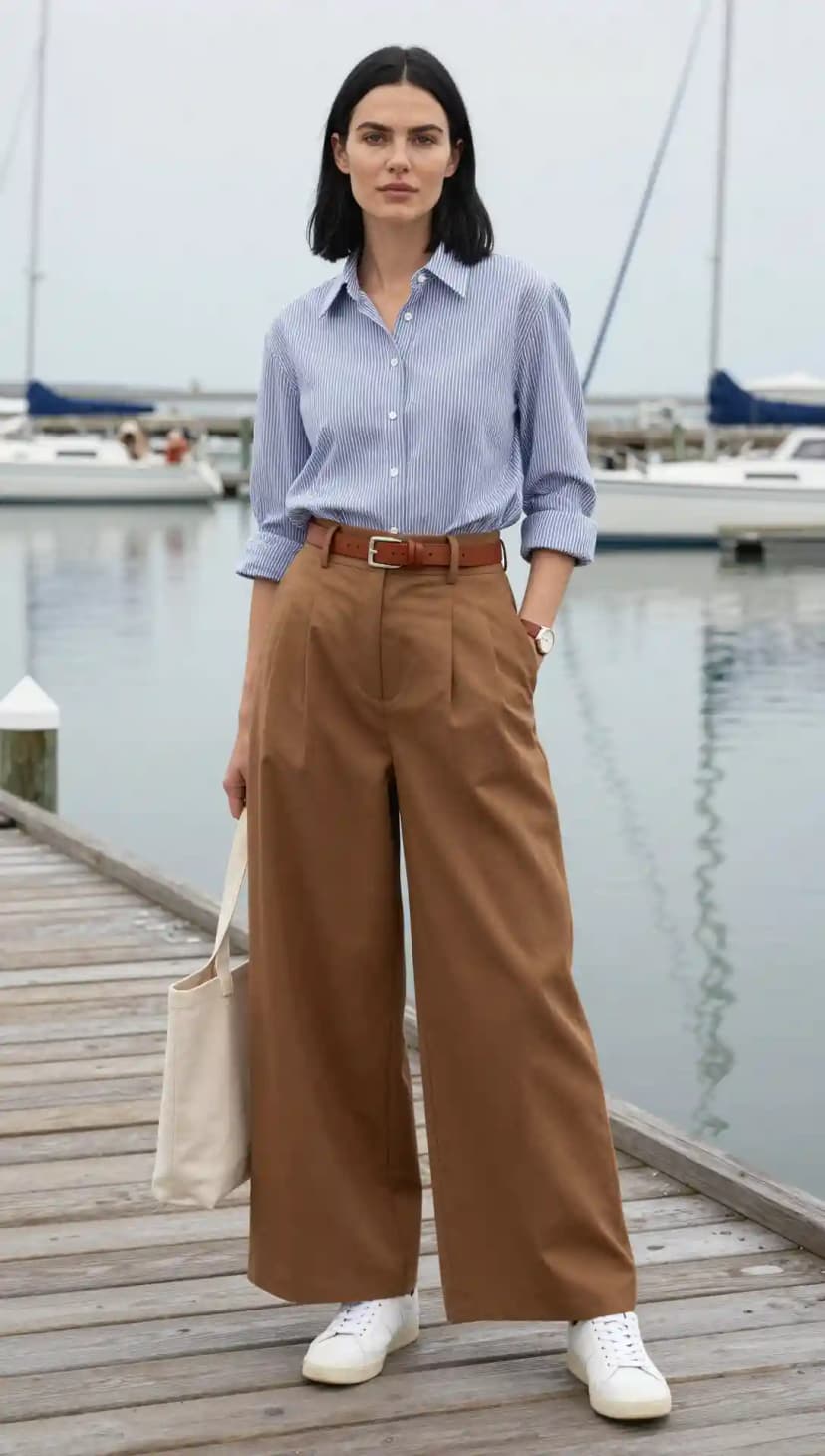 Blue Stripe Cotton Poplin Shirt + Brown Cotton Wide-Leg Trousers + Tan Leather Belt