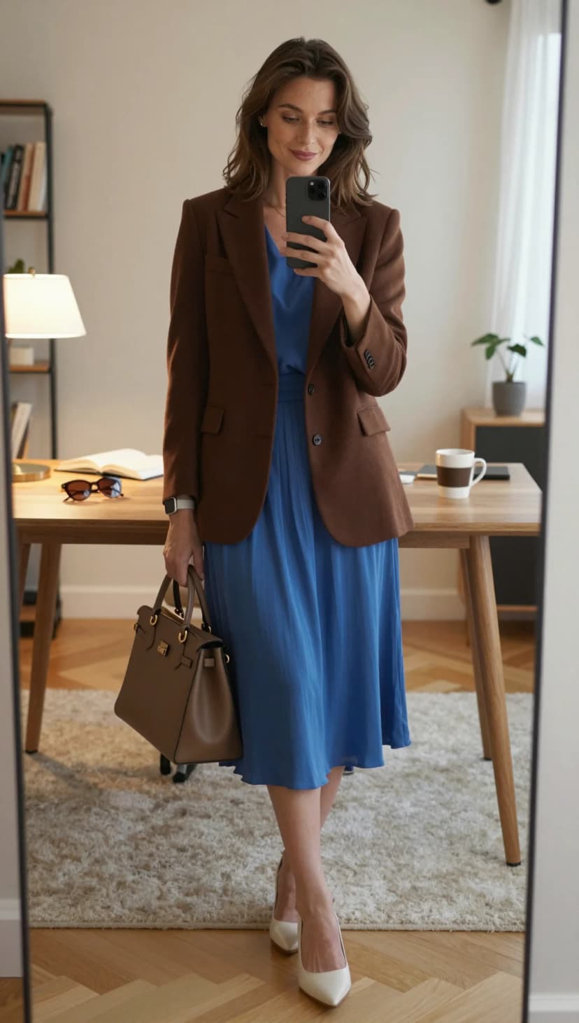Brown Wool Blazer + Blue Midi Dress + White Leather Pumps + Tan Leather Satchel